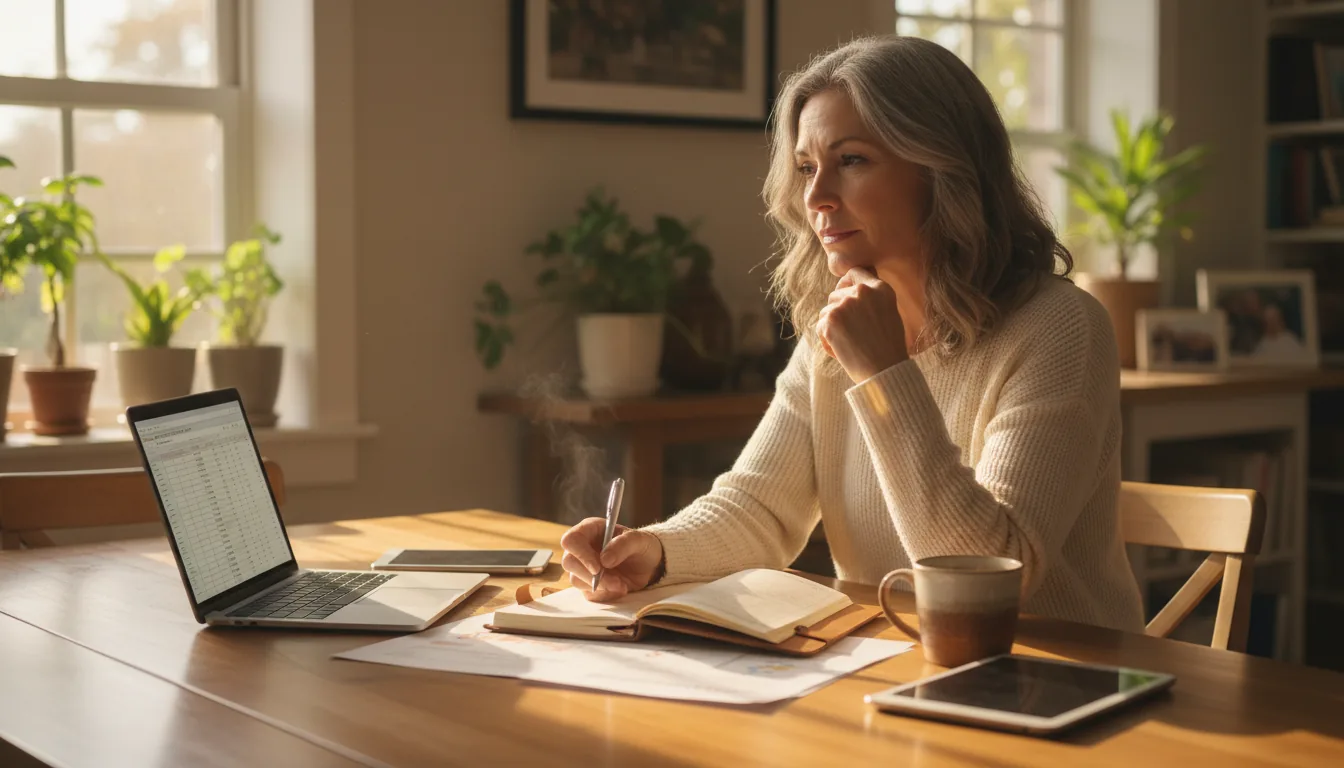 Caregiver and older woman reviewing a home care budget worksheet together at a kitchen table in Harrisburg, Pennsylvania