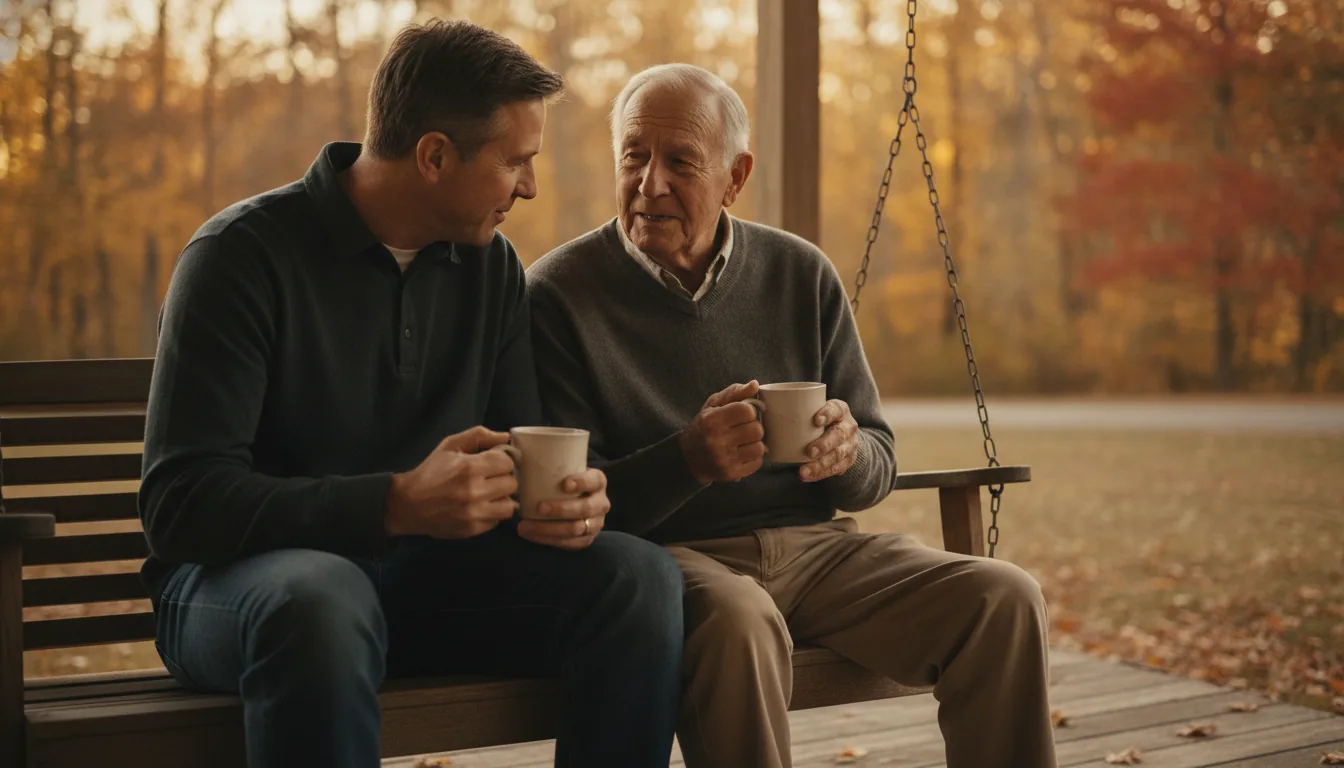 Adult son and his aging father talking over coffee at a kitchen table in the afternoon light