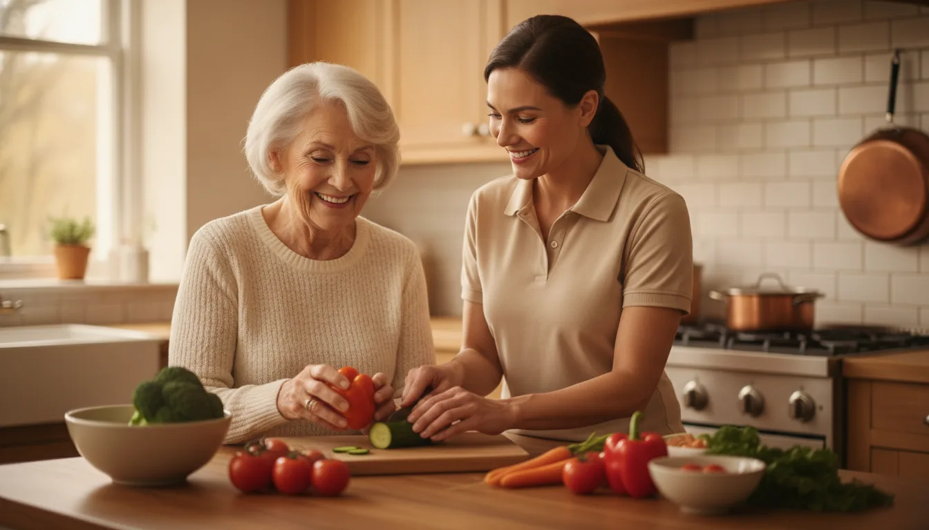 A caregiver and an older woman preparing a home-cooked meal together in a warmly lit kitchen.