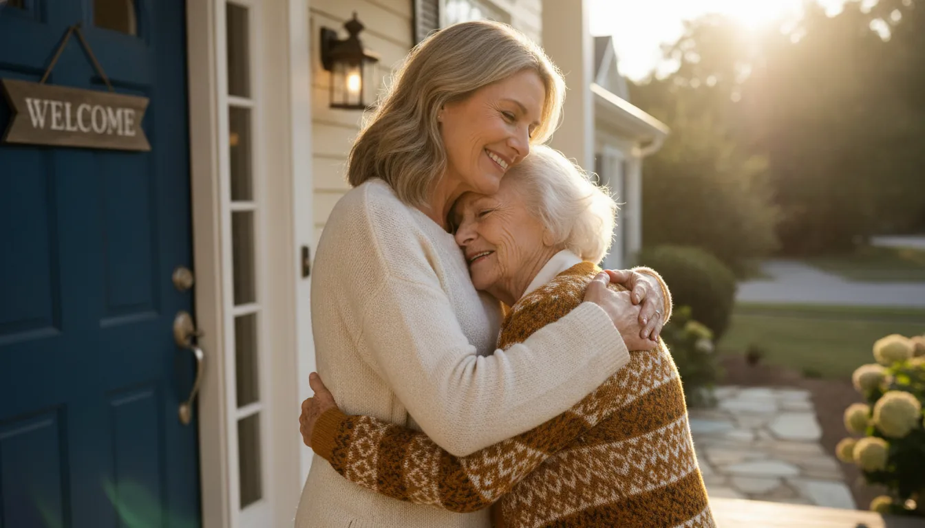 An adult daughter embracing her aging mother at the front door of her home.